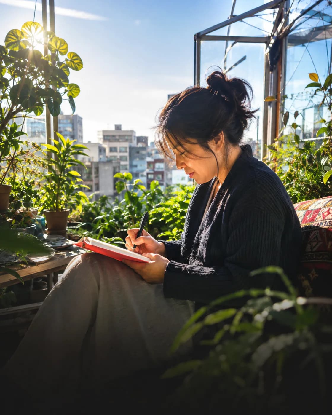 A woman writing an honest reflection in a sunlit greenhouse